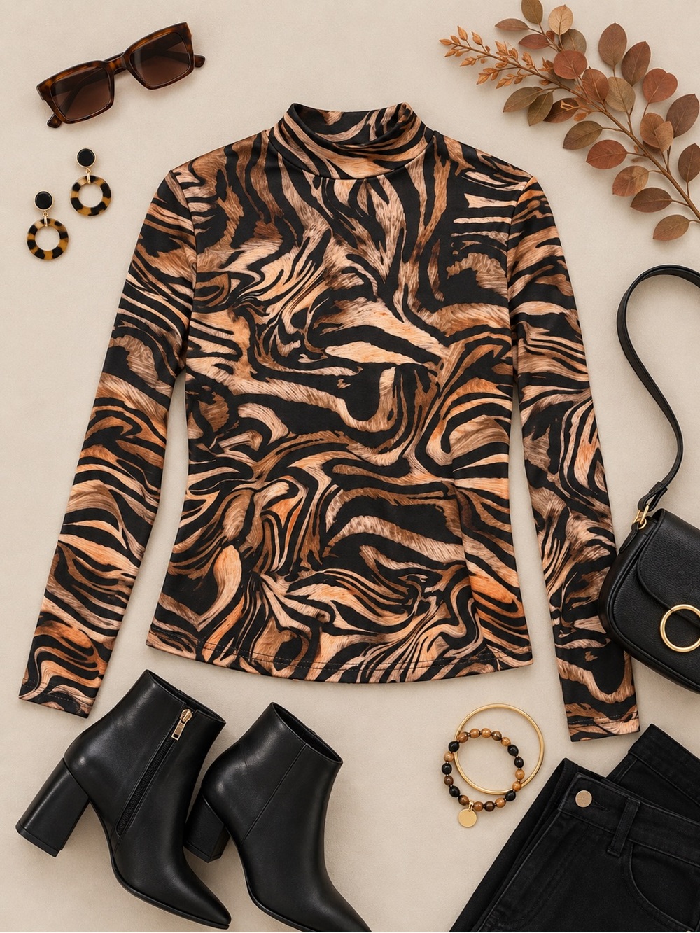 SHEIN Black & Brown Abstract Animal Print Mock Neck Top Size Large